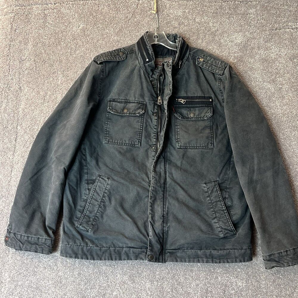 Levis Military Jacket Mens XL Washed Black Canvas Quilted Lined Field Coat Flaw